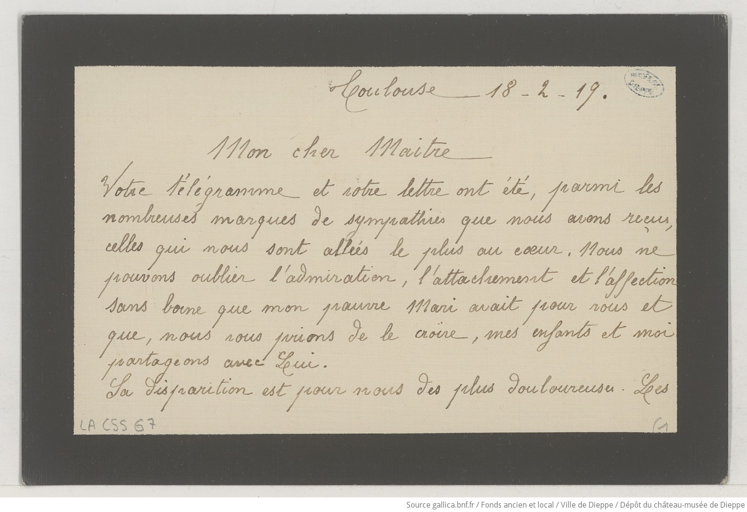 [5 lettres de Madame Gabriel Sizes à Camille Saint-Saëns] (manuscrit autographe)