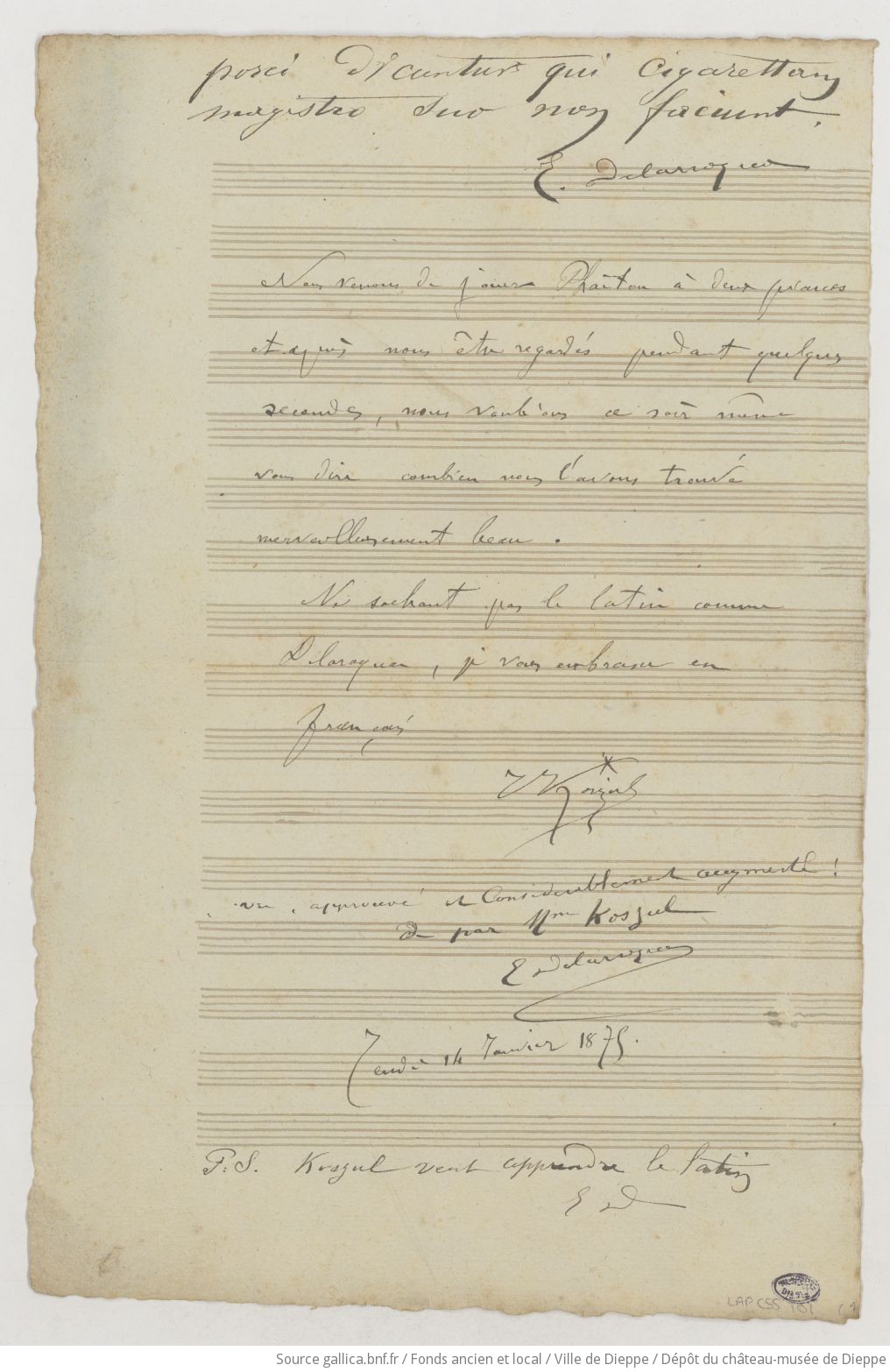 [7 lettres et une carte de visite de Julien Koszul père à Camille Saint-Saëns] (manuscrit autographe)