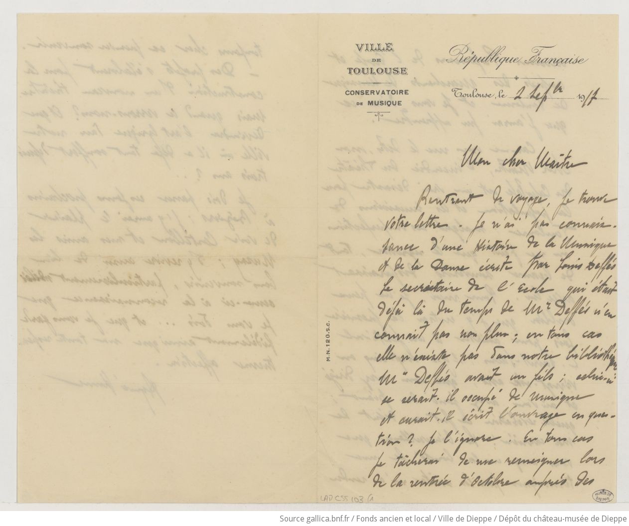 [Lettre d'Aymé Kunc à Camille Saint-Saëns] (manuscrit autographe)