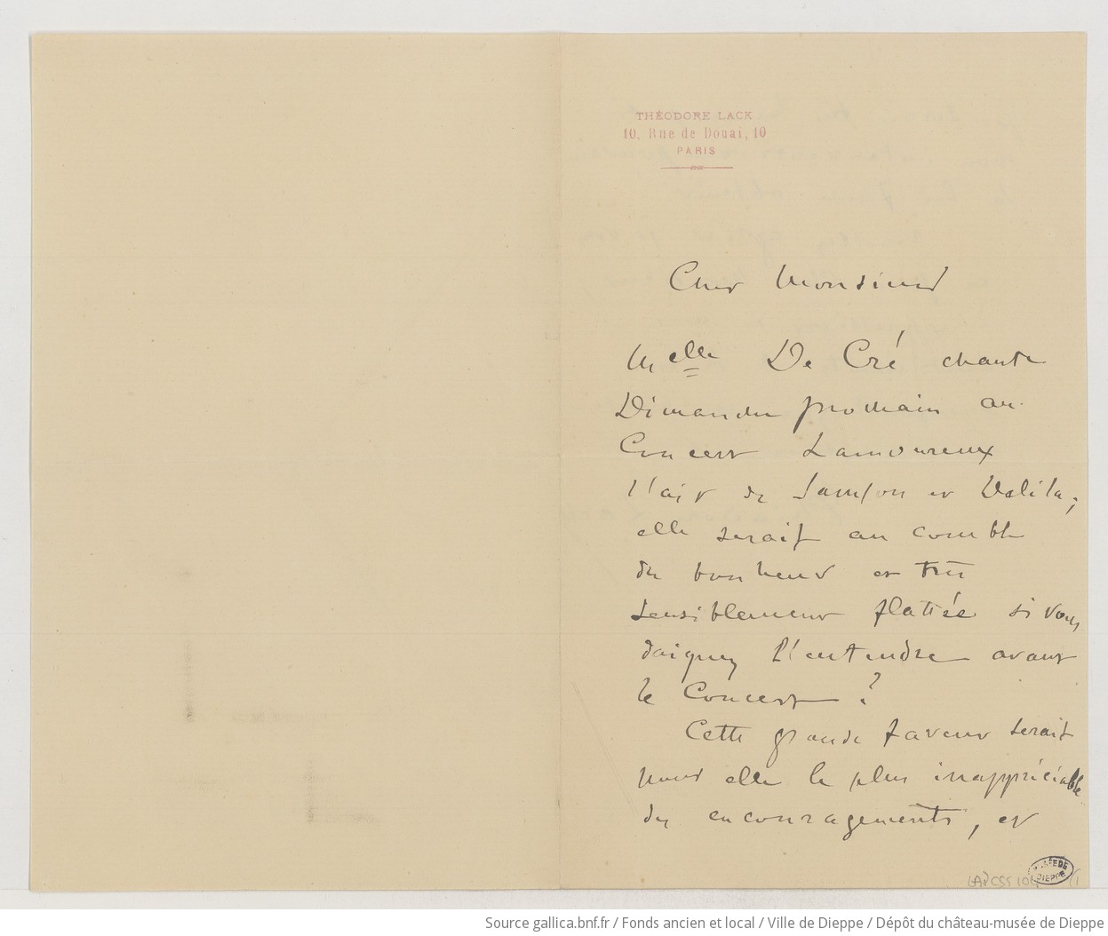 [1 lettre et 1 carte de visite de Théodore Lack, 1 carte de visite de Julie de Cré à Camille Saint-Saëns] (manuscrit autographe)