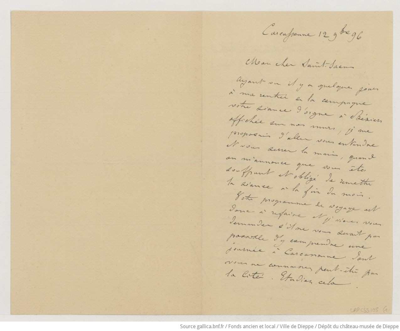 [2 lettres et une carte de visite de Paul Lacombe à Camille Saint-Saëns] (manuscrit autographe)