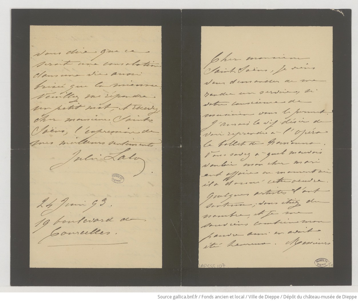 [1 lettre et 1 carte de visite de Mme Edouard Lalo à Camille Saint-Saëns] (manuscrit autographe)