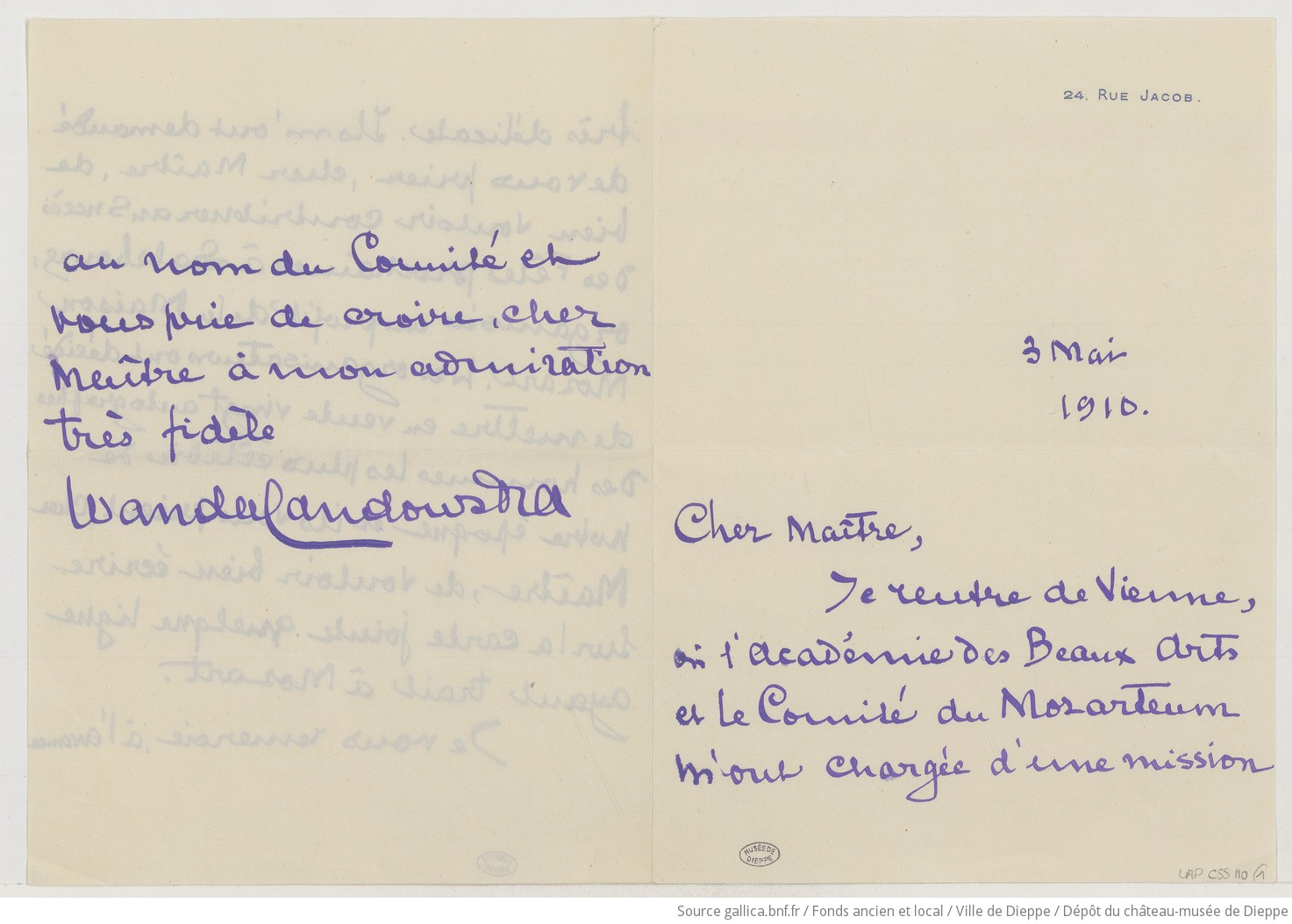 [Lettre de Wanda Landowska à Camille Saint-Saëns] (manuscrit autographe)