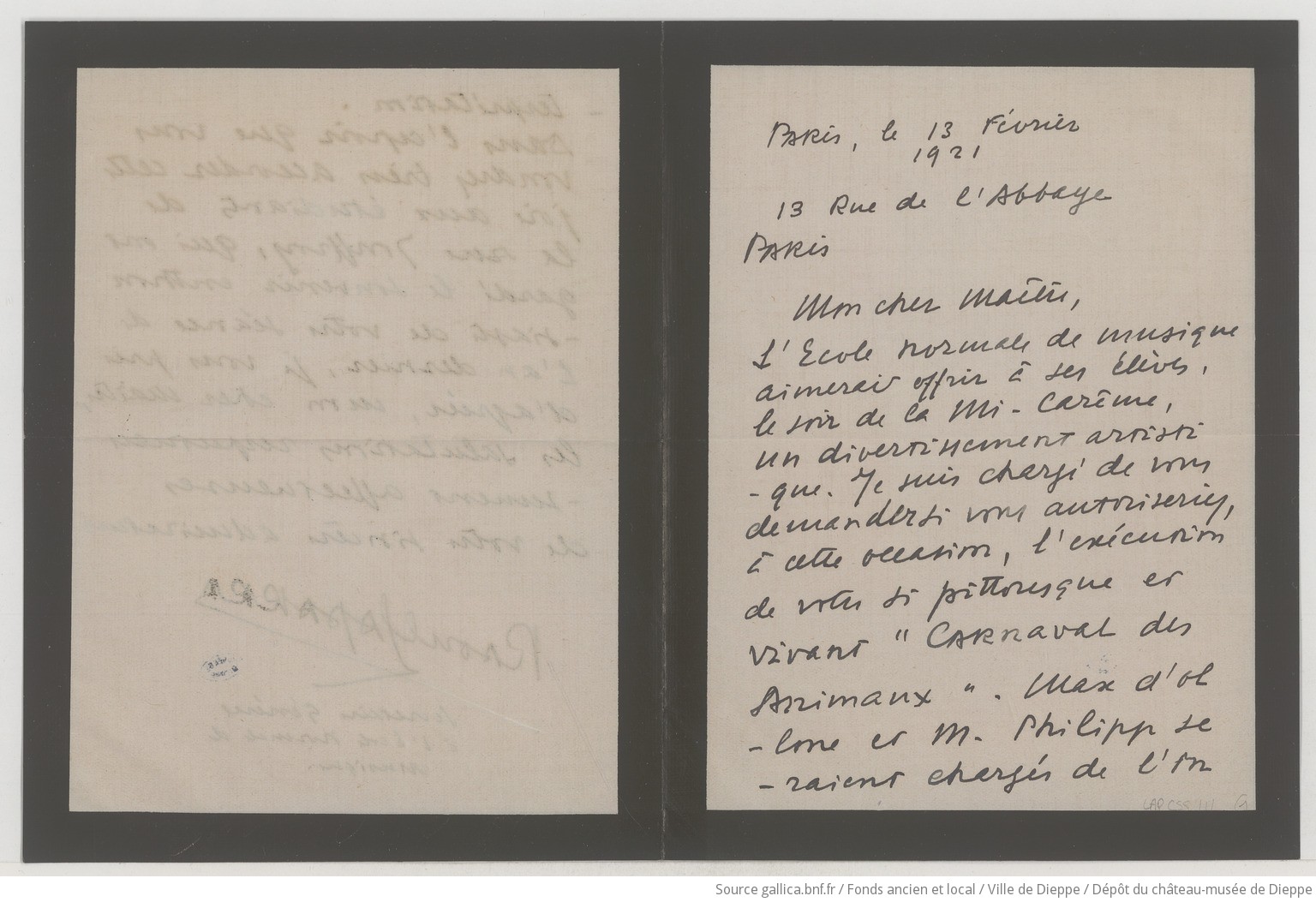 [4 lettres et 3 pneumatiques de Raoul Laparra à Camille Saint-Saëns] (manuscrit autographe)