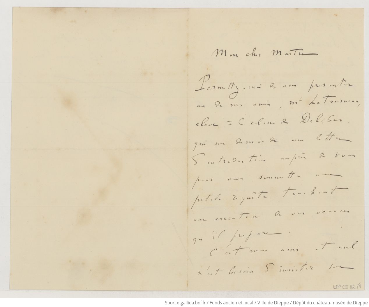 [6 lettres de Fernand de La Tombelle à Camille Saint-Saëns] (manuscrit autographe)