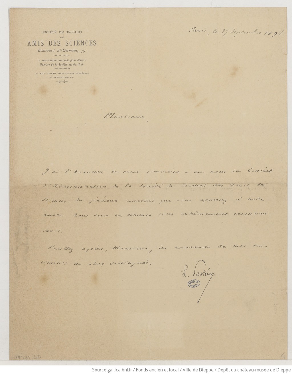 [Lettre de Louis Pasteur à Camille Saint-Saëns] (manuscrit autographe)