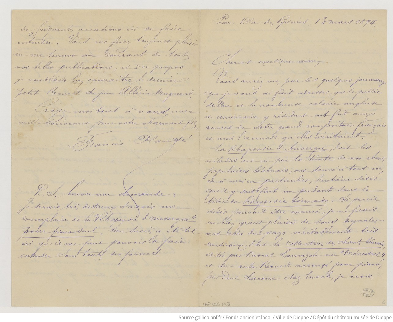 [18 documents de Francis Planté à Camille Saint-Saëns] (manuscrit autographe)