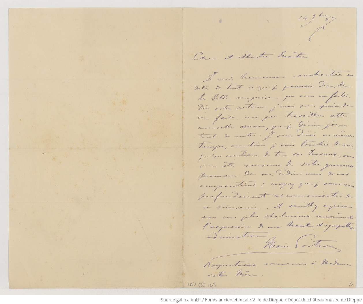 [Lettre de Marie Poitevin à Camille Saint-Saëns] (manuscrit autographe)