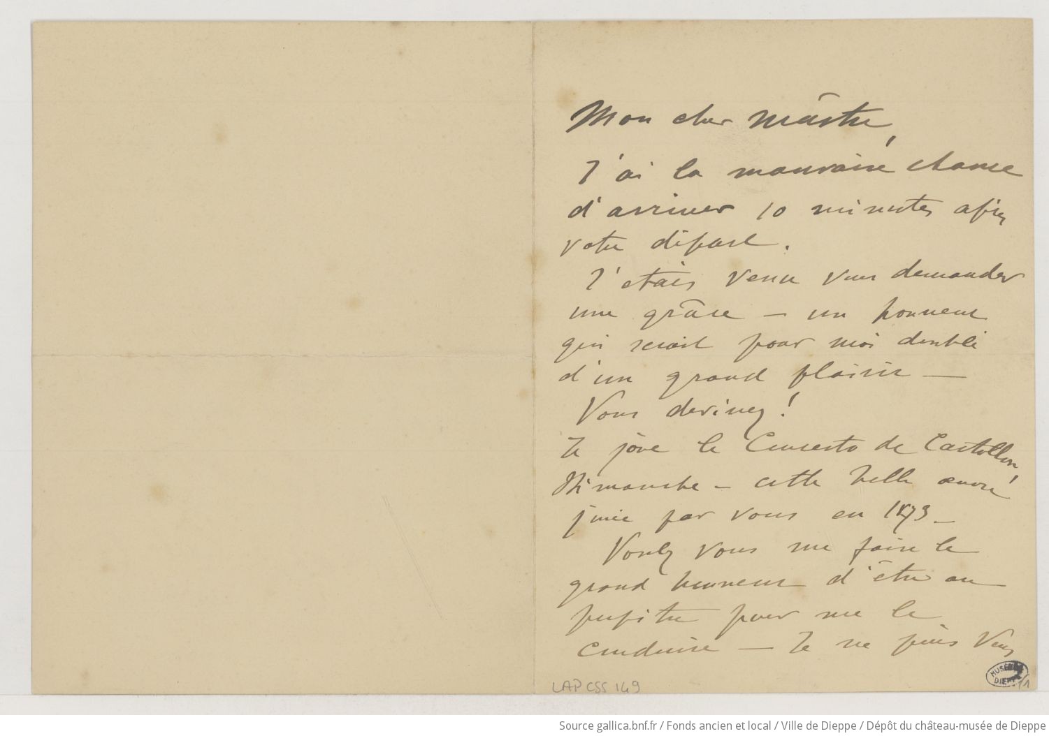 [1 lettre et 1 programme de concert de Raoul Pugno à Camille Saint-Saëns] (manuscrit autographe)