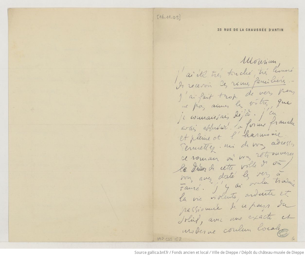 [Lettre de Paul Reboux à Camille Saint-Saëns] (manuscrit autographe)