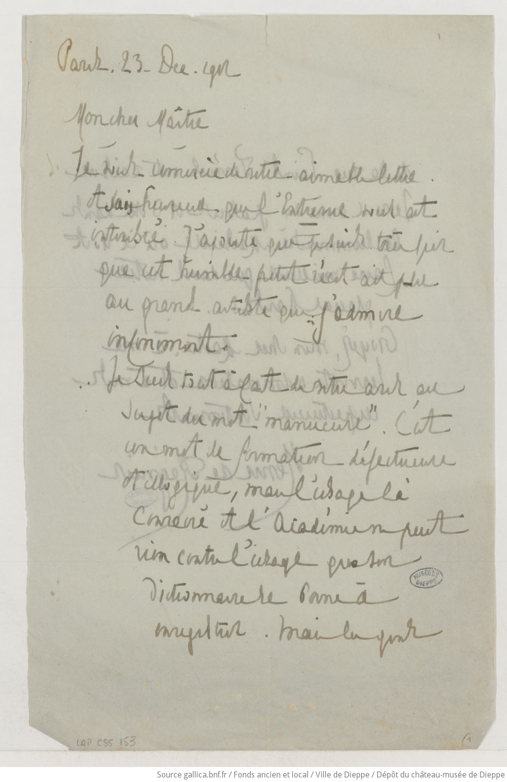[1 lettre et 1 carte-lettre d'Henri de Régnier à Camille Saint-Saëns] (manuscrit autographe)