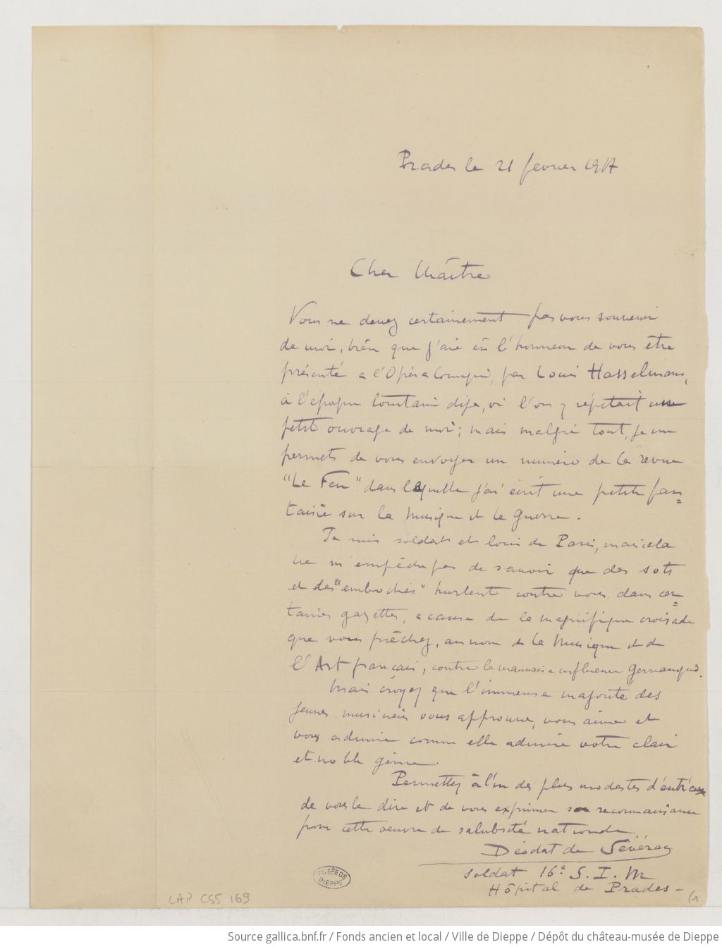 [Lettre de Déodat de Séverac à Camille Saint-Saëns] (manuscrit autographe)