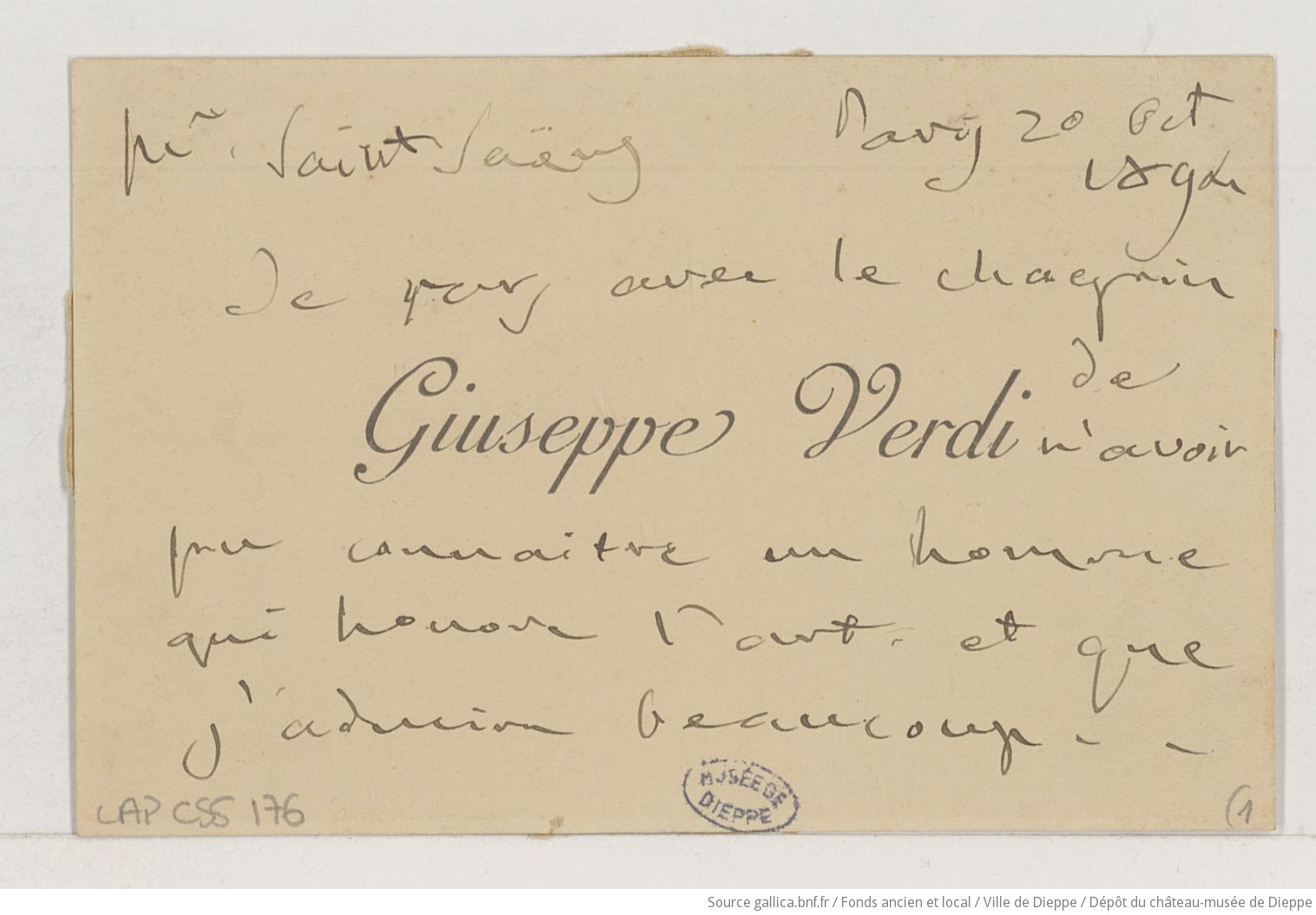 [1 lettre et 1 carte de Giuseppe Verdi à Camille Saint-Saëns] (manuscrit autographe)
