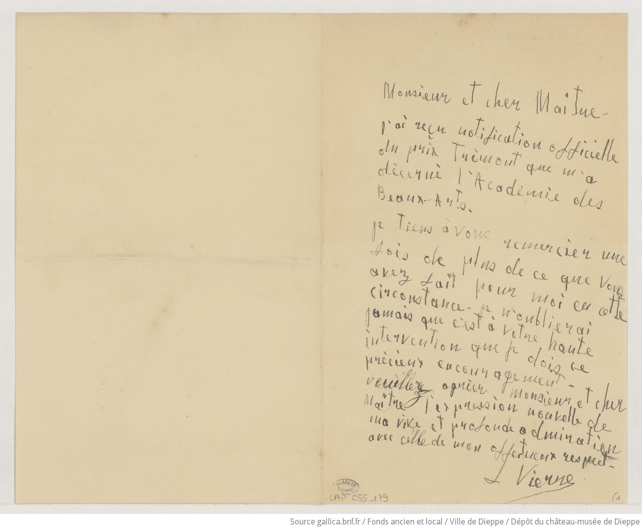 [2 lettres de Louis Vierne à Camille Saint-Saëns] (manuscrit autographe)