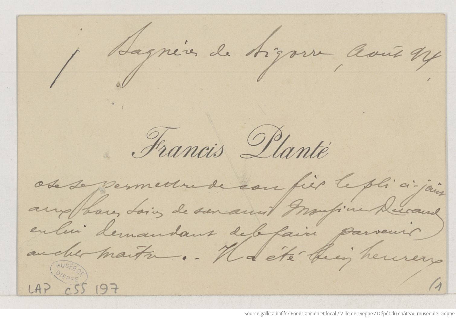 [1 lettre et 1 carte de correspondance de Francis Planté à Auguste Durand] (manuscrit autographe)