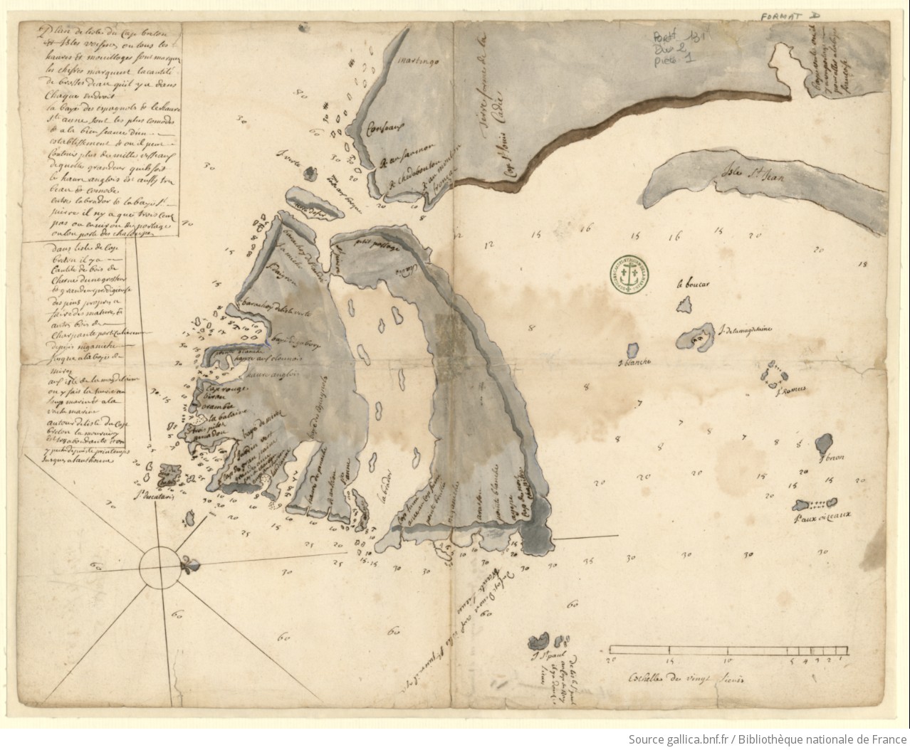 Portefeuille 131 du fonds du Service hydrographique de la Marine consacré à l'Ile du Cap-Breton et à l'Ile de Sable. J.N. Bellin. 18e