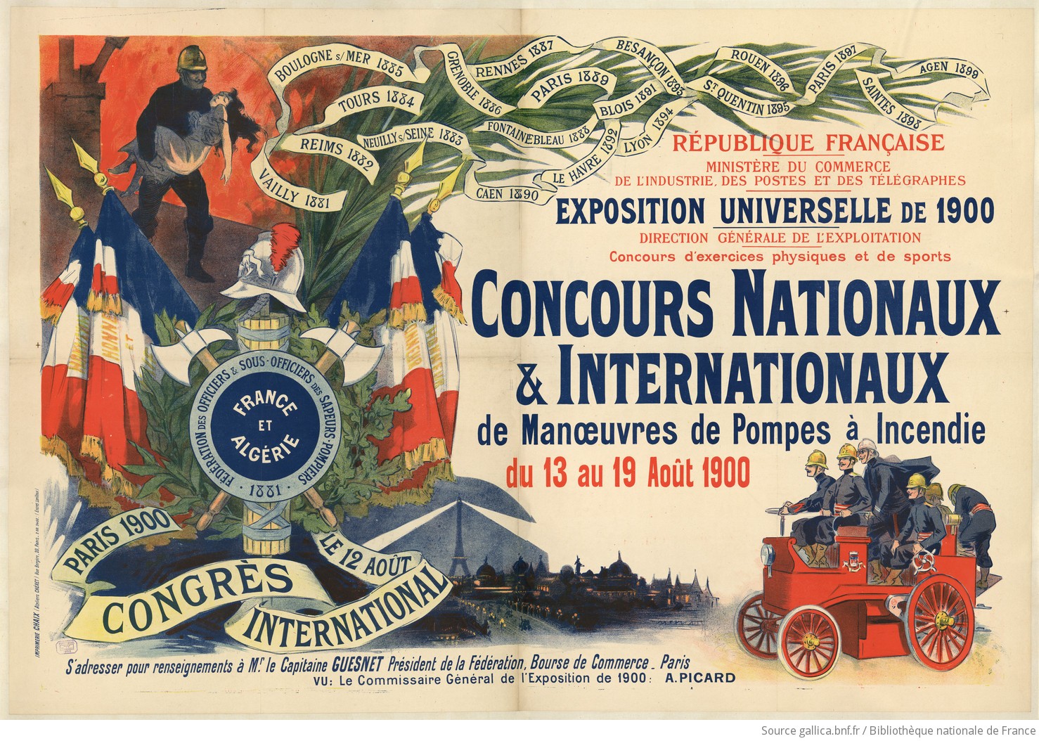 Repubblica francese... Esposizione Universale del 1900... Concorsi nazionali e internazionali per manovre di autopompe dal 13 al 19 agosto 1900. Congresso internazionale il 12 agosto... : [visualizza] / [non identificato]