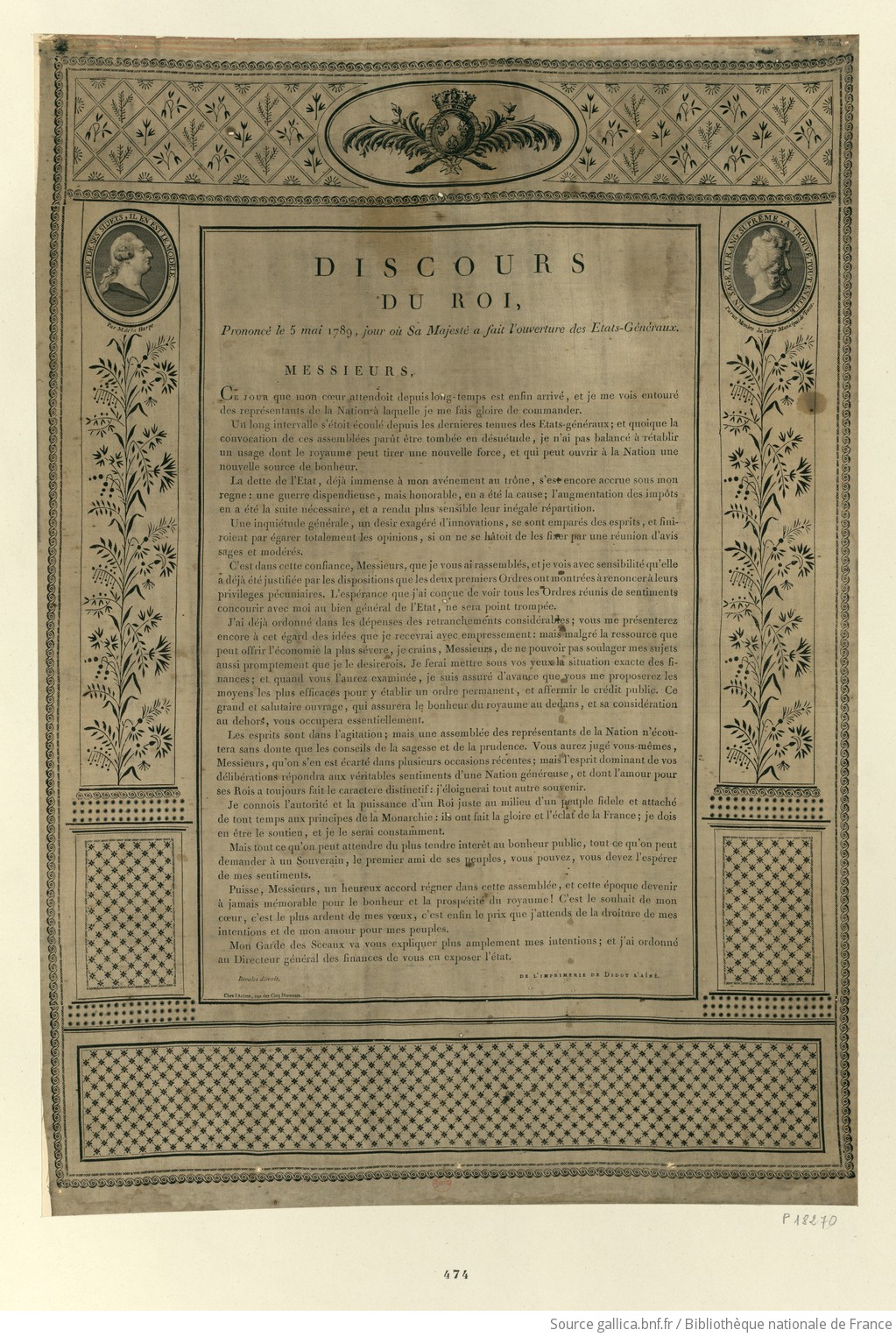 Discours du roi, Prononcé le 5 mai 1789, jour où Sa Majesté a fait l'ouverture des Etats-Généraux : [estampe] / Bevalet direxit