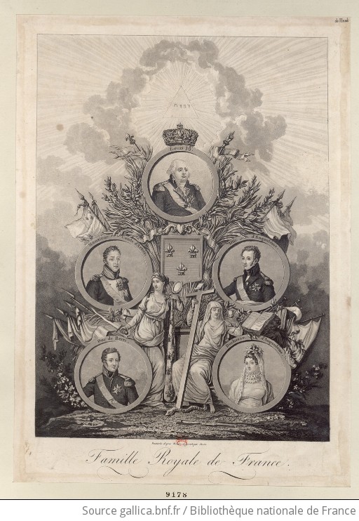 Famille Royale De France Composition Allegorique Ou Sur Un Fond De Trophees Et De Nuages Autour Des Figures De La Force Et De La Religion Se Detachent Cinq Medaillons Circulaires Contenant Les