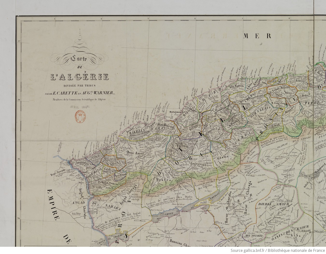 vue 1 - Carte de l'Algérie divisée par tribus / par MM. E. Carette et Auguste Warnier ; Membres de la Commission Scientifique de l'Algérie