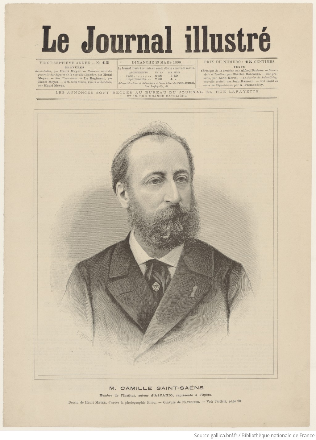 M. Camille Saint-Saëns / dessin de Henri Meyer, d'après la photographie Pirou ; gravure de Navellier [ou/et F. Méaulle?]