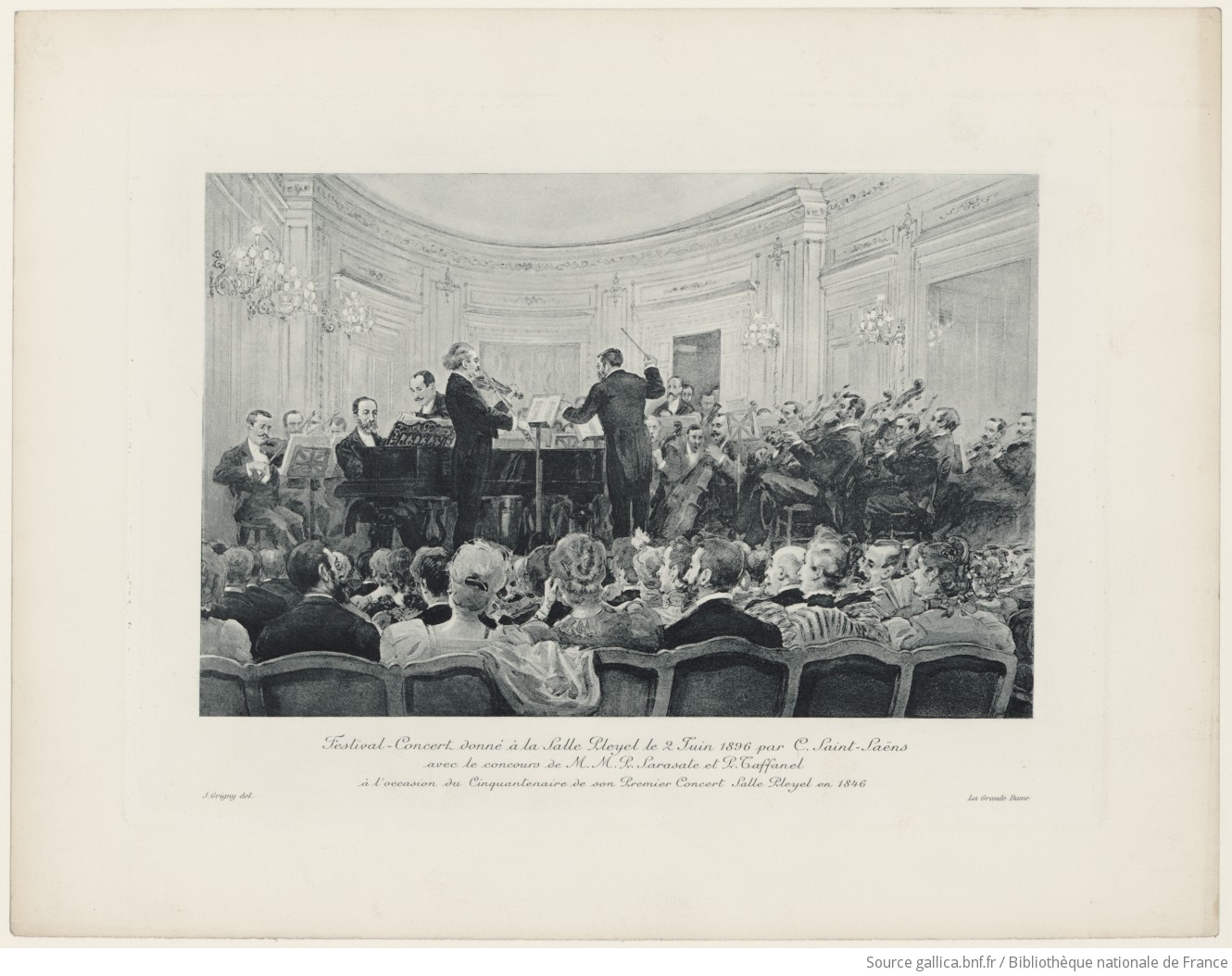 Festival-Concert donné à la Salle Pleyel le 2 juin 1896 par C. Saint-Saëns, avec le concours de M.M. P. Sarasate et P. Taffanel, à l'occasion du cinquantenaire de son premier concert Salle Pleyel en 1846 / J. Grigny del.