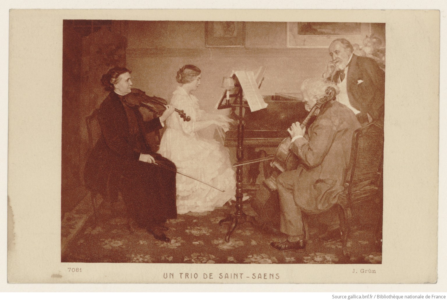 Un trio de Saint-Saëns [avec Joseph Hollmann au violoncelle] : [Saint-Saëns écoute, accoudé au piano] / [d'après] J. Grün