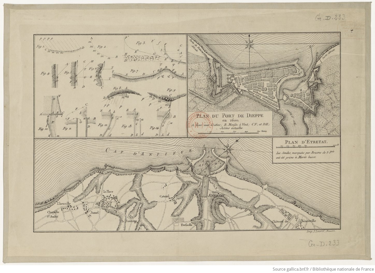 Plan du port de Dieppe en 1600. Plan d'Etretat