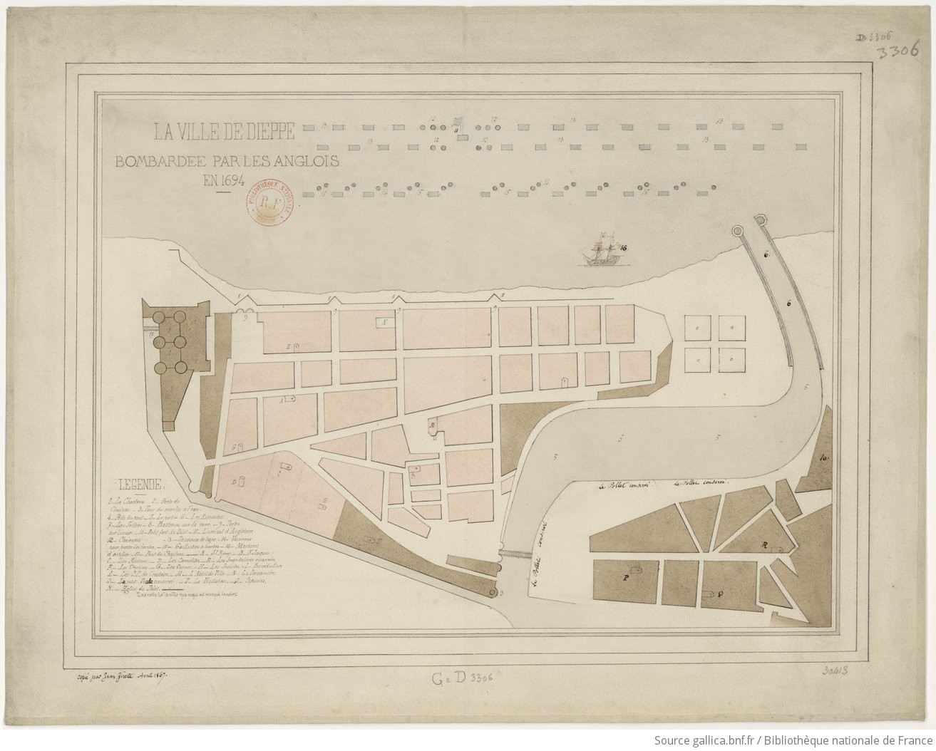 La ville de Dieppe bombardée par les Anglais en 1694. (Copié par Jean Girette. Avril 1867.)
