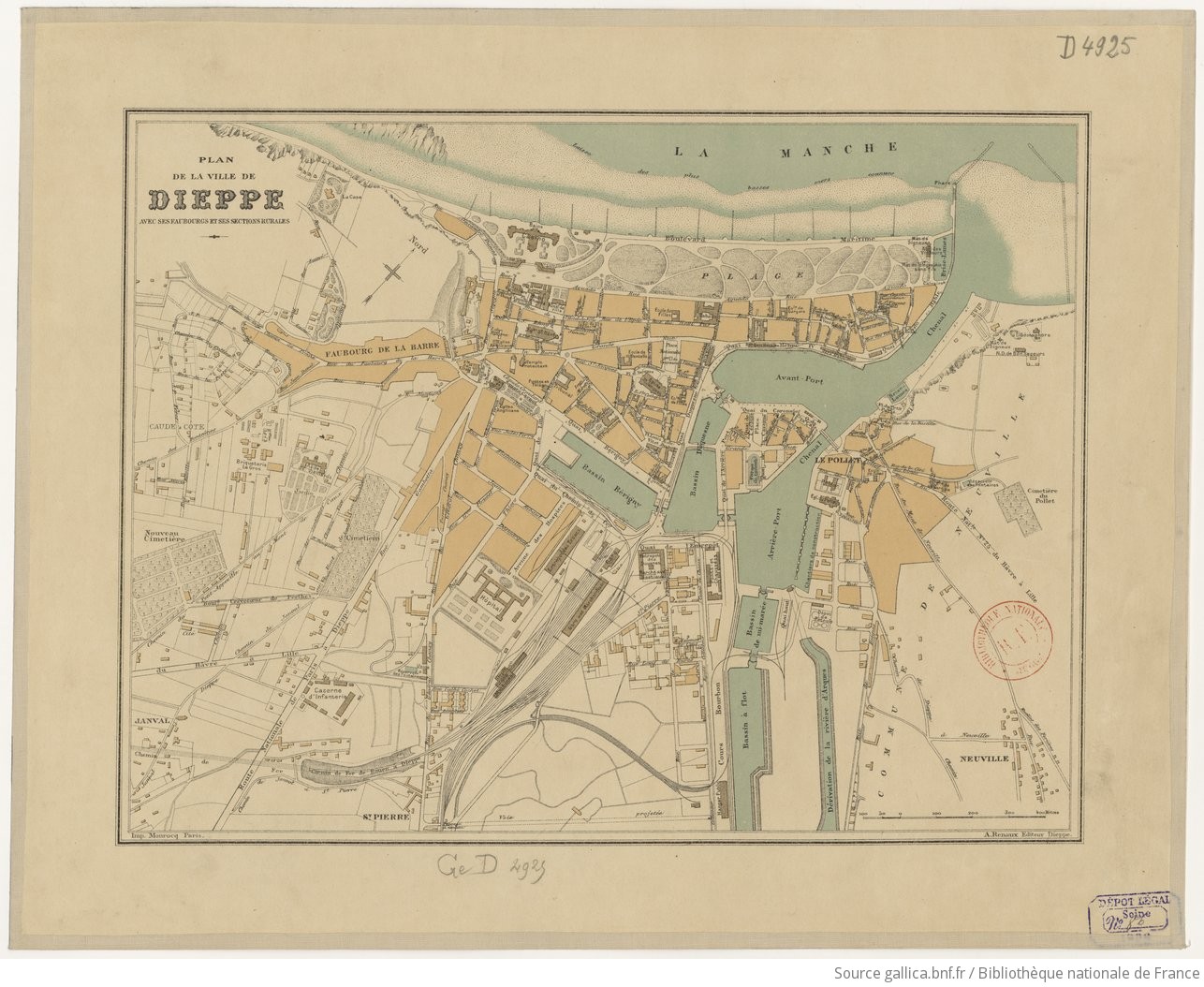 Plan de la ville de Dieppe avec ses faubourgs et ses sections rurales