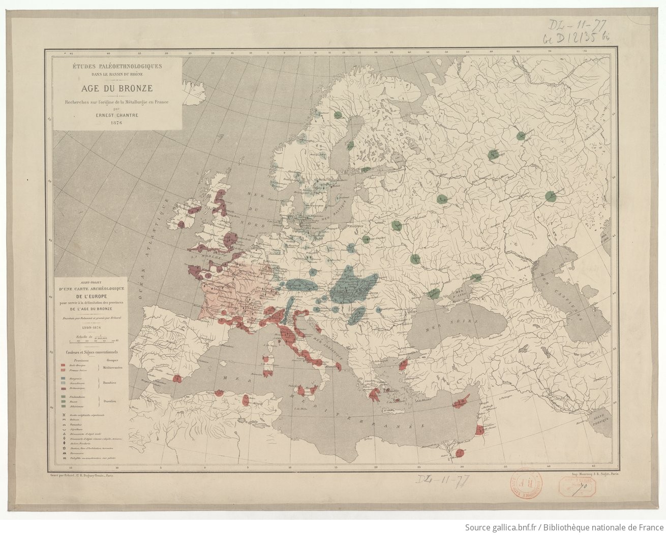 Avant-projet d’une carte archéologique de l’Europe pour servir à la délimitation des provinces de l’âge du bronze, échelle 1 : 12 345 000 
[sic, recte 1 : 12 500 000], Monrocq, Paris, Lyon, 1876, 53 x 40 cm. Lithographe G. Erhard-Schieble, dessinateur M. Falconnet 
(fonds Joseph Déchelette – Musée Joseph Déchelette, Ville de Roanne). Source BnF.