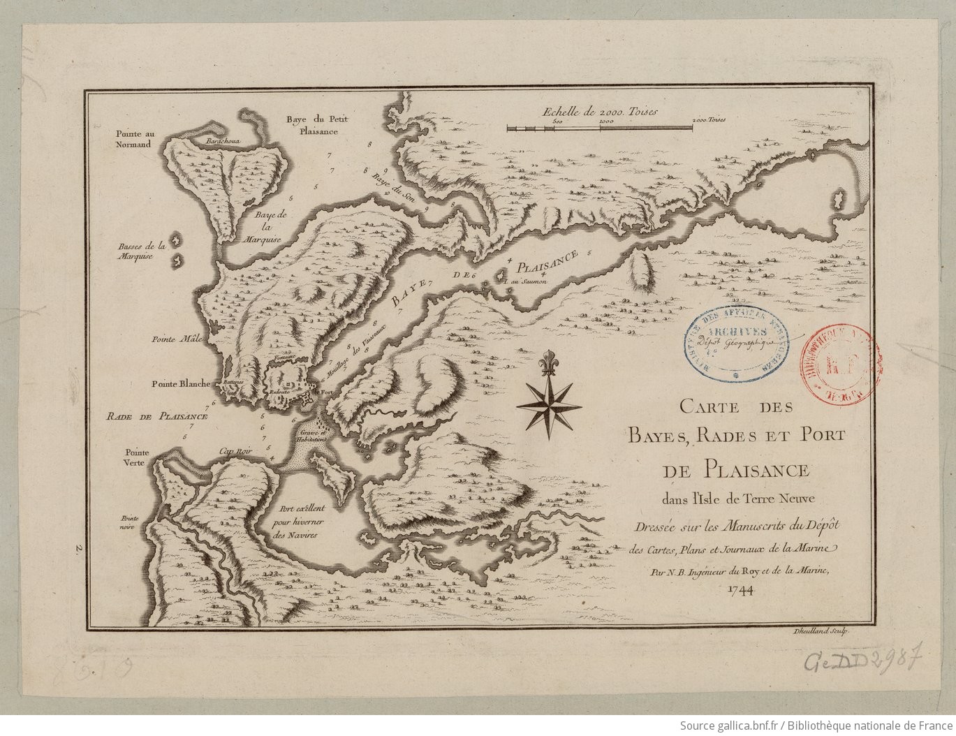 Carte des bayes, rades et port de Plaisance dans l'isle de Terre Neuve. J.N Bellin. 1744 