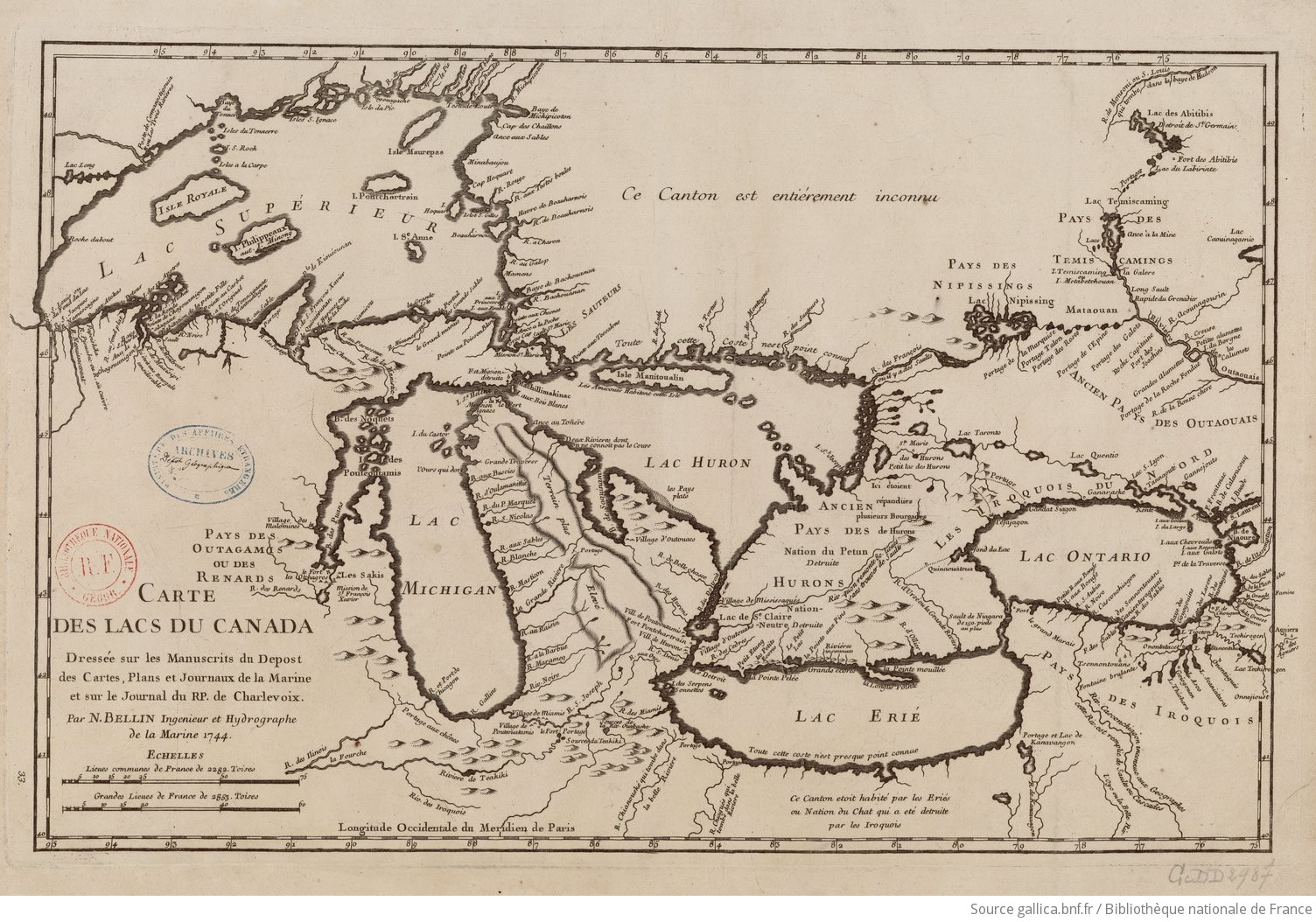 Carte des lacs du Canada. J.N. Bellin. 1744