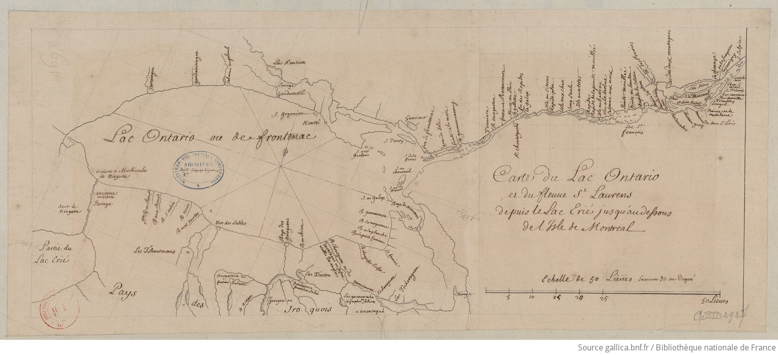 Carte du lac Ontario et du fleuve St Laurens depuis le lac Erié jusqu'au dessous de l'isle de Montréal. XVIIIe