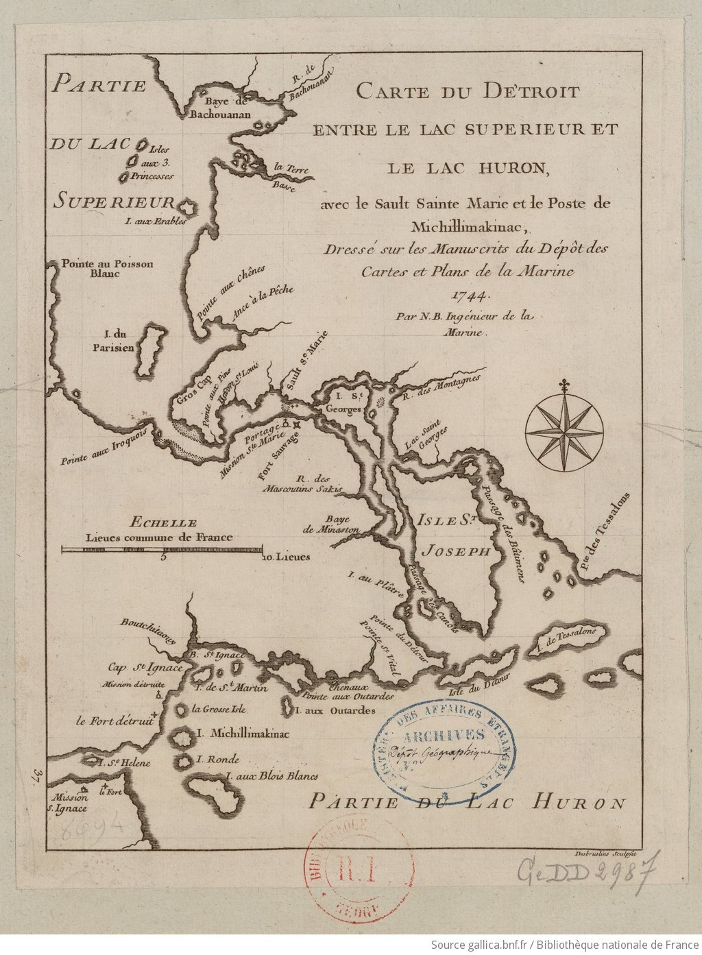 Carte du détroit entre le lac Supérieur et le lac Huron avec le sault Sainte Marie et le poste de Michillimakinac.J. N. Bellin. 1744