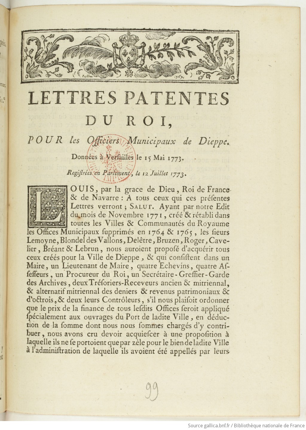 Lettres patentes... pour les officiers municipaux de Dieppe... Registrées en Parlement le 12 juillet 1773