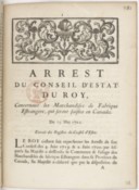 Arrêt du conseil d'état concernant les marchandises de fabrique étrangère qui seront saisies en Canada 1722