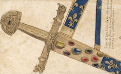 Espée et porte espée tirés sur celle qui est au thresor de l'abbaie de Sainct-Denis en France, qui servoit au roy Charlemagne mort en 814] : [dessin] 