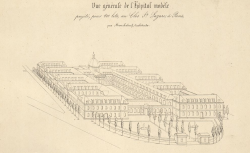 Vue générale de l'hôpital modèle, projeté pour 600 lits au Clos St-Lazare à Paris. Par Marcheboeuf, architecte