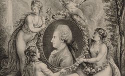Portrait de Cl. J. Dorat, en buste, de profil dirigé à gauche dans un ovale supporté par les trois grâces : [estampe]