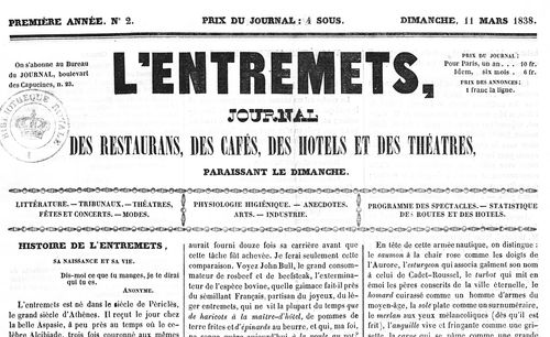 Accéder à la page "Entremets (L') : journal des restaurants, des cafés, des hôtels et des théâtres"