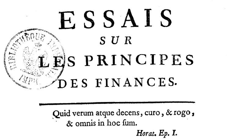 Accéder à la page "Durban, Jean-Baptiste-Bertrand. Essais sur les principes des finances - 1769"