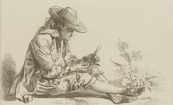  [Figures de différents caractères]. 282, [Homme assis à terre] : [estampe] / Watteaux [Watteau] ; B. [François Boucher] 