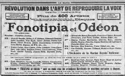 Encart publicitaire pour les disques Fonotipia (Le Matin, derniers télégrammes de la nuit - n° 8415 du 13 mars 1907) - source : BnF / Gallica