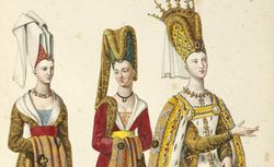      Isabeau de Bavière, qui épousa Charles 6, le 17 juillet 1385. Sa robe est portée par deux dames