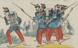 Guerre de 1870-1871. Infanterie française en tirailleurs : Chevau-léger bavarois - Escrime à la baïonnette - Le carré par quatre contre la cavalerie bavaroise [...] Pellerin, 1874