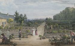Jardin du Roy. La nouvelle serre prise du Jardin de Botanique: dessin / JB hilair, 1794