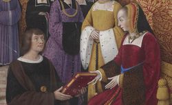 Jean Marot offre son livre à la reine assise sur un trône, manuscrit Jean Marot, Le Voyage de Gênes 