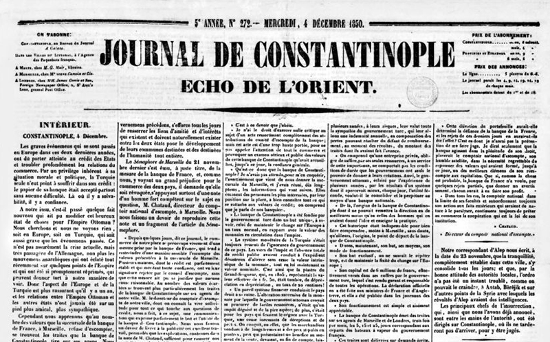 Accéder à la page "Journal de Constantinople. Écho de l'Orient (1846-1866)"