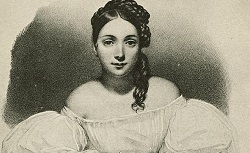 Juliette Drouet en 1832, carte postale d'après une lithographie de Léon Noël